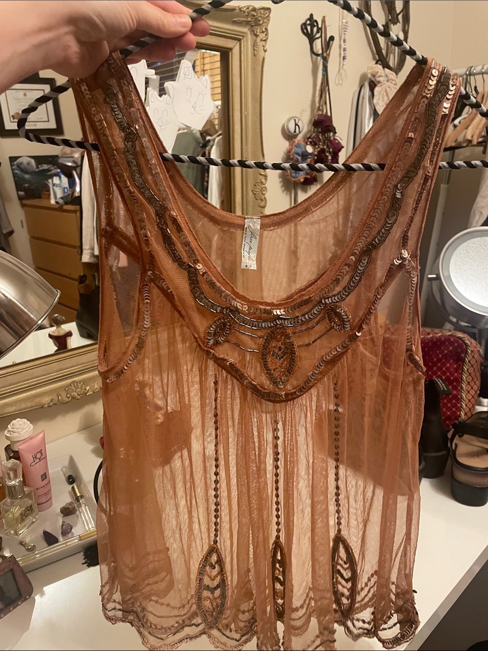 Free People Sheer Embellished Mesh Tank Top - Copper Brown